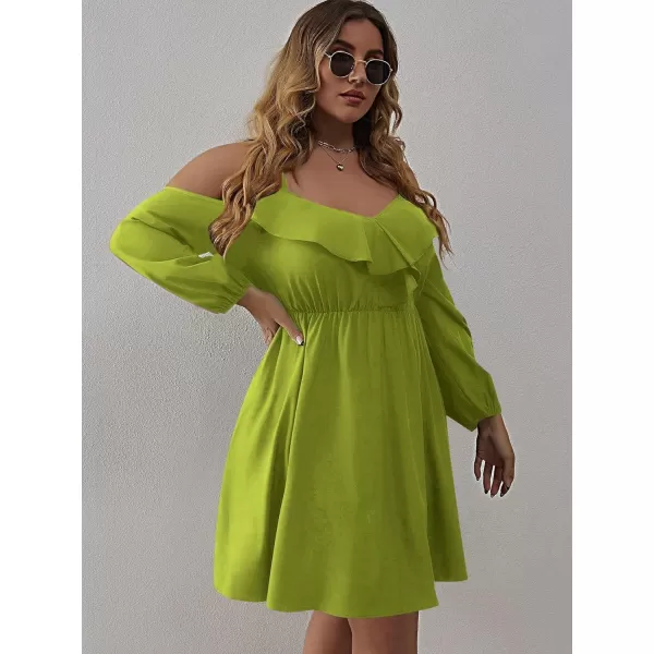 WDIRARA Women's Plus Size Cold Shoulder Ruffle Trim Bishop Sleeve A Line Dress
