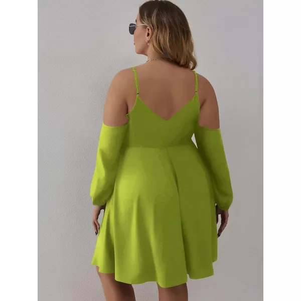 WDIRARA Women's Plus Size Cold Shoulder Ruffle Trim Bishop Sleeve A Line Dress