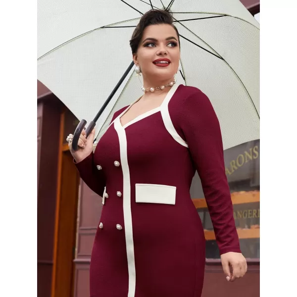 WDIRARA Women's Plus Size Colorblock Long Sleeve Split Hem Elegant Bodycon Maxi Dress