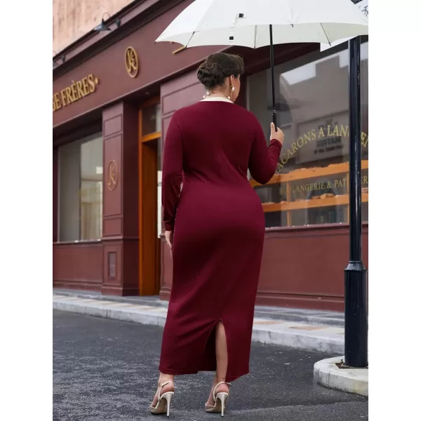 WDIRARA Women's Plus Size Colorblock Long Sleeve Split Hem Elegant Bodycon Maxi Dress