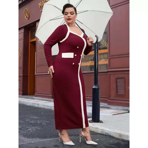WDIRARA Women's Plus Size Colorblock Long Sleeve Split Hem Elegant Bodycon Maxi Dress