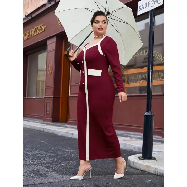 WDIRARA Women's Plus Size Colorblock Long Sleeve Split Hem Elegant Bodycon Maxi Dress