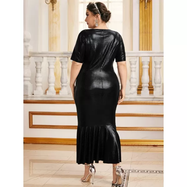 WDIRARA Women's Plus Size Elegant Crocodile Print Short Sleeve Mermaid Hem Bodycon Maxi Dress