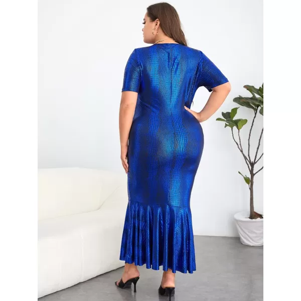 WDIRARA Women's Plus Size Elegant Crocodile Print Short Sleeve Mermaid Hem Bodycon Maxi Dress