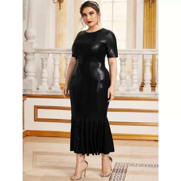 WDIRARA Women's Plus Size Elegant Crocodile Print Short Sleeve Mermaid Hem Bodycon Maxi Dress