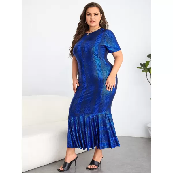 WDIRARA Women's Plus Size Elegant Crocodile Print Short Sleeve Mermaid Hem Bodycon Maxi Dress