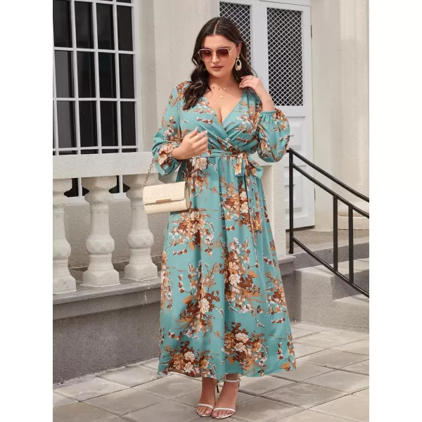 WDIRARA Women's Plus Size Floral Print V Neck Belted Bishop Long Sleeve Dress