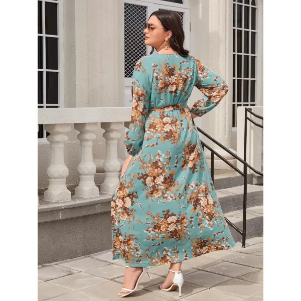 WDIRARA Women's Plus Size Floral Print V Neck Belted Bishop Long Sleeve Dress