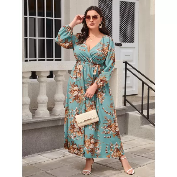 WDIRARA Women's Plus Size Floral Print V Neck Belted Bishop Long Sleeve Dress