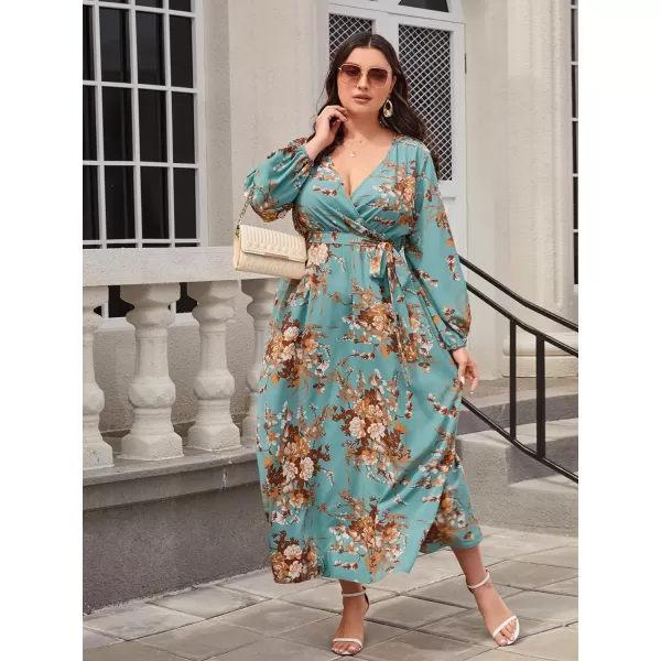 WDIRARA Women's Plus Size Floral Print V Neck Belted Bishop Long Sleeve Dress