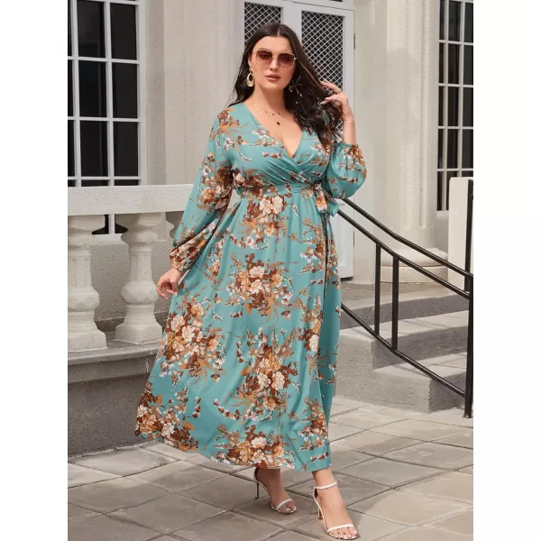 WDIRARA Women's Plus Size Floral Print V Neck Belted Bishop Long Sleeve Dress