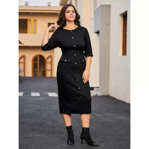 WDIRARA Women's Plus Size Houndstooth Button Front Round Neck Split Hem Bodycon Dress