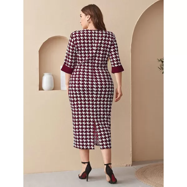 WDIRARA Women's Plus Size Houndstooth Button Front Round Neck Split Hem Bodycon Dress