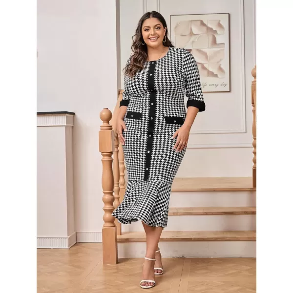 WDIRARA Women's Plus Size Houndstooth Button Front Round Neck Split Hem Bodycon Dress