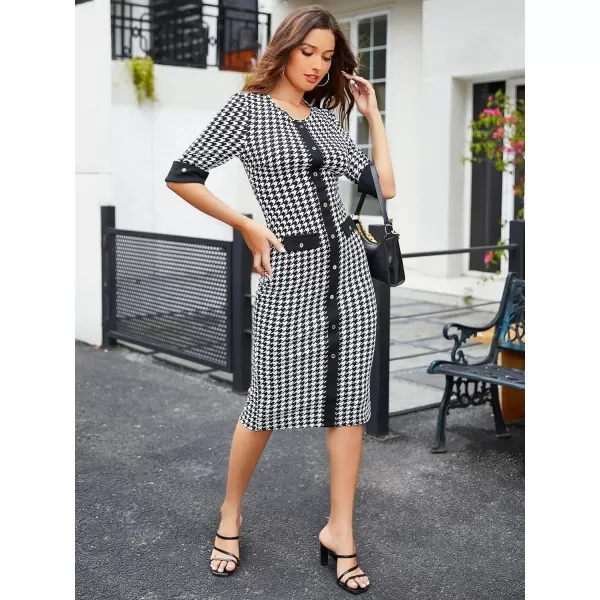 WDIRARA Women's Plus Size Houndstooth Button Front Round Neck Split Hem Bodycon Dress