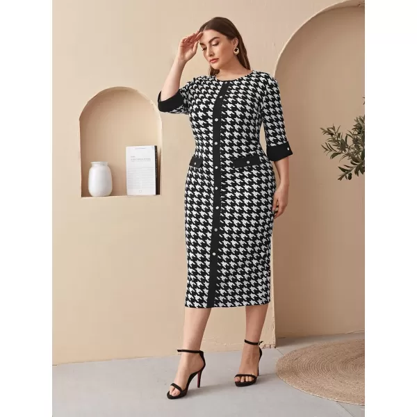 WDIRARA Women's Plus Size Houndstooth Button Front Round Neck Split Hem Bodycon Dress