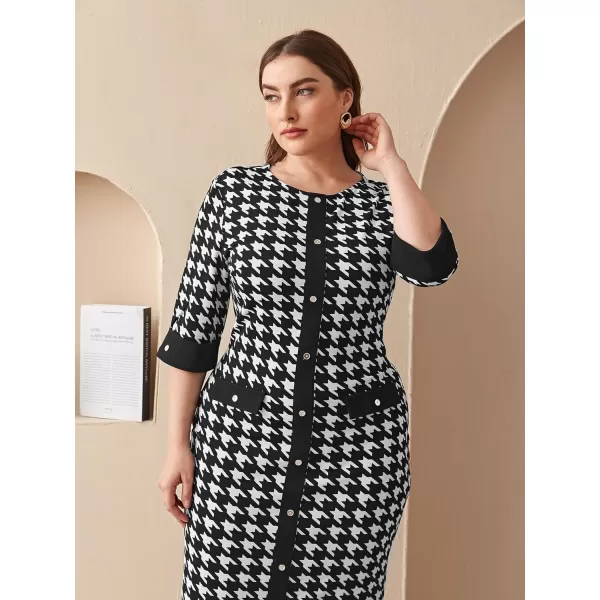 WDIRARA Women's Plus Size Houndstooth Button Front Round Neck Split Hem Bodycon Dress