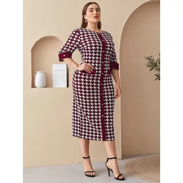 WDIRARA Women's Plus Size Houndstooth Button Front Round Neck Split Hem Bodycon Dress