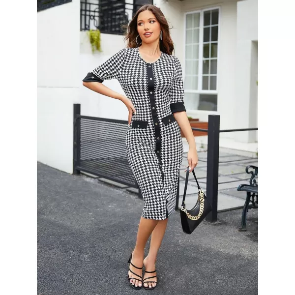 WDIRARA Women's Plus Size Houndstooth Button Front Round Neck Split Hem Bodycon Dress