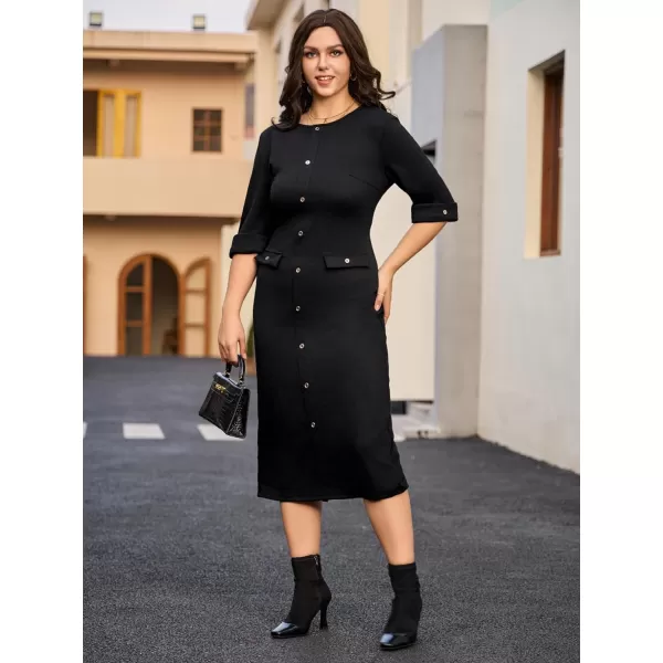 WDIRARA Women's Plus Size Houndstooth Button Front Round Neck Split Hem Bodycon Dress