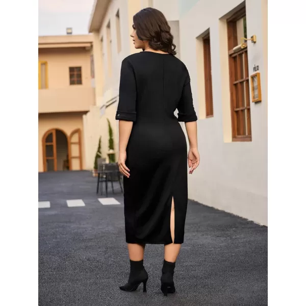 WDIRARA Women's Plus Size Houndstooth Button Front Round Neck Split Hem Bodycon Dress