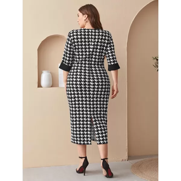 WDIRARA Women's Plus Size Houndstooth Button Front Round Neck Split Hem Bodycon Dress
