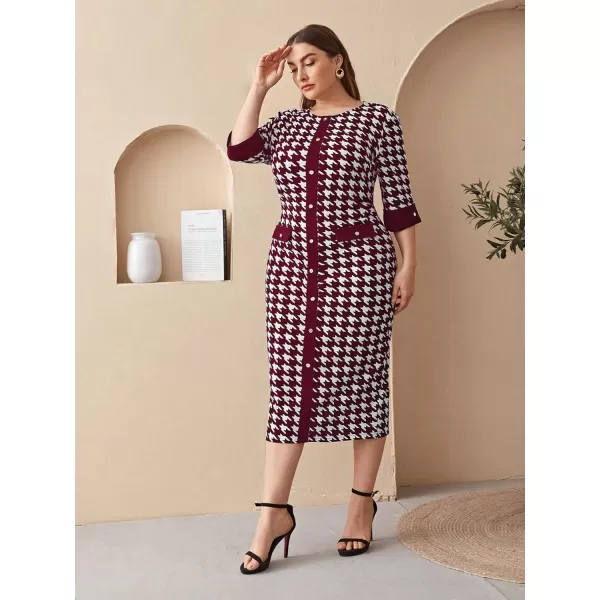 WDIRARA Women's Plus Size Houndstooth Button Front Round Neck Split Hem Bodycon Dress