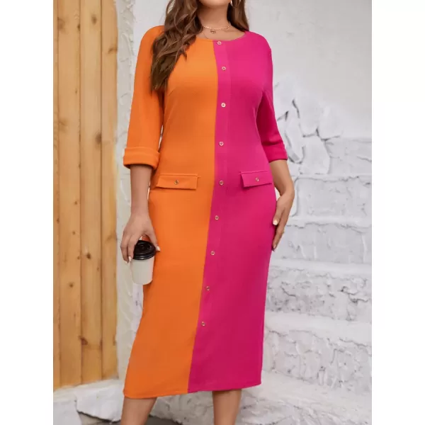 WDIRARA Women's Plus Size Houndstooth Button Front Round Neck Split Hem Bodycon Dress