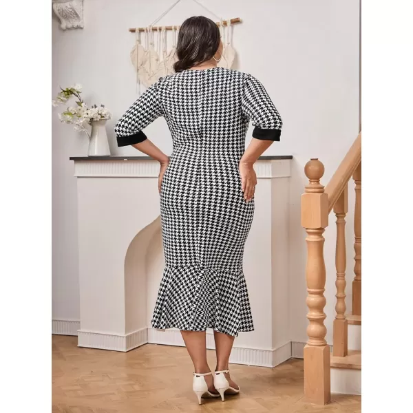 WDIRARA Women's Plus Size Houndstooth Button Front Round Neck Split Hem Bodycon Dress