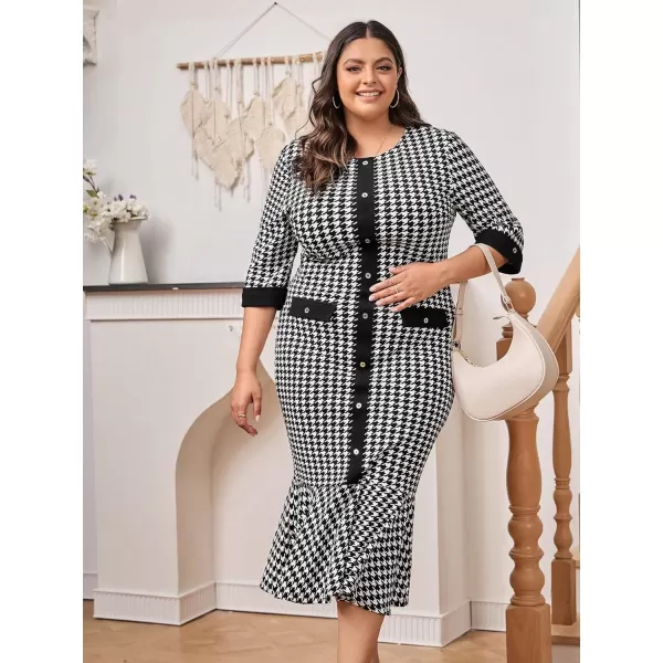 WDIRARA Women's Plus Size Houndstooth Button Front Round Neck Split Hem Bodycon Dress