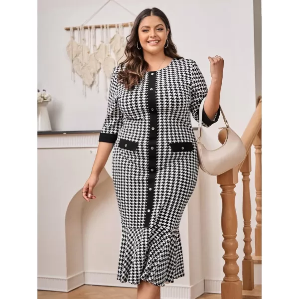 WDIRARA Women's Plus Size Houndstooth Button Front Round Neck Split Hem Bodycon Dress