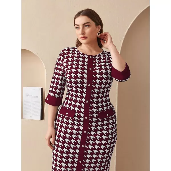 WDIRARA Women's Plus Size Houndstooth Button Front Round Neck Split Hem Bodycon Dress