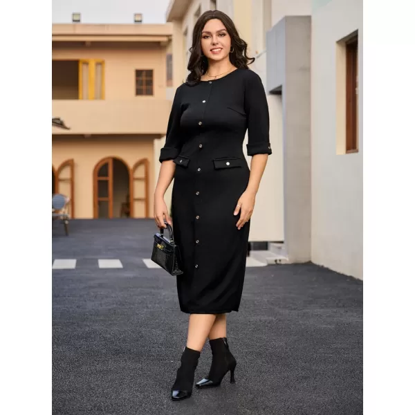 WDIRARA Women's Plus Size Houndstooth Button Front Round Neck Split Hem Bodycon Dress
