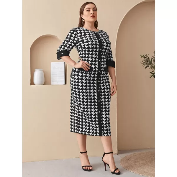 WDIRARA Women's Plus Size Houndstooth Button Front Round Neck Split Hem Bodycon Dress