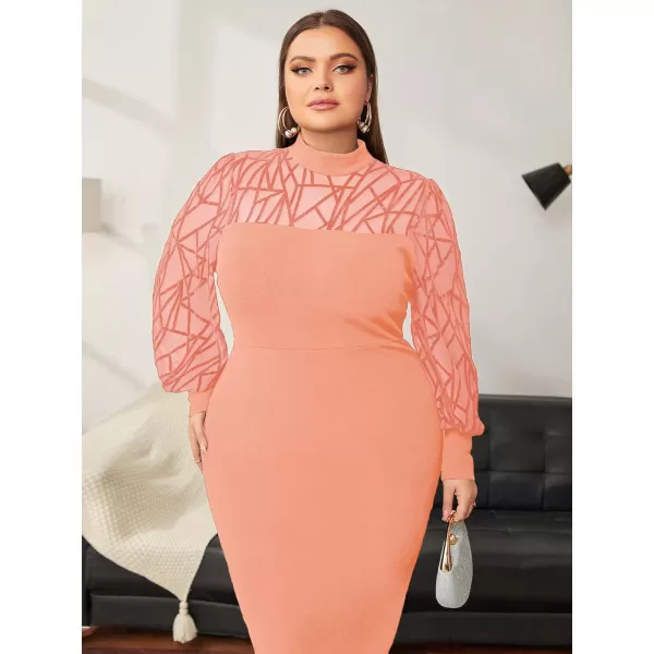 WDIRARA Women's Plus Size Mesh Bishop Long Sleeve Mock Neck Split Back Maxi Dress