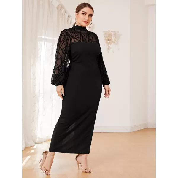 WDIRARA Women's Plus Size Mesh Bishop Long Sleeve Mock Neck Split Back Maxi Dress