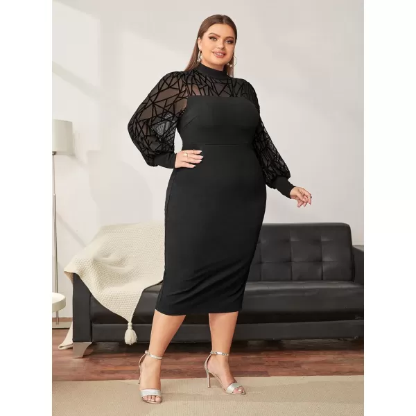WDIRARA Women's Plus Size Mesh Bishop Long Sleeve Mock Neck Split Back Maxi Dress