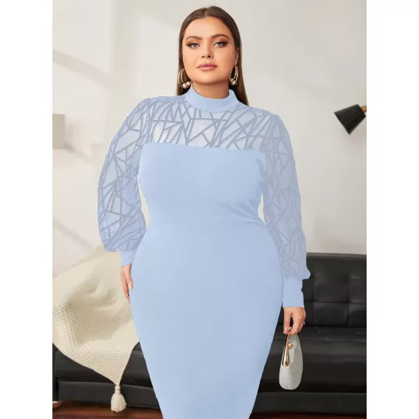 WDIRARA Women's Plus Size Mesh Bishop Long Sleeve Mock Neck Split Back Maxi Dress