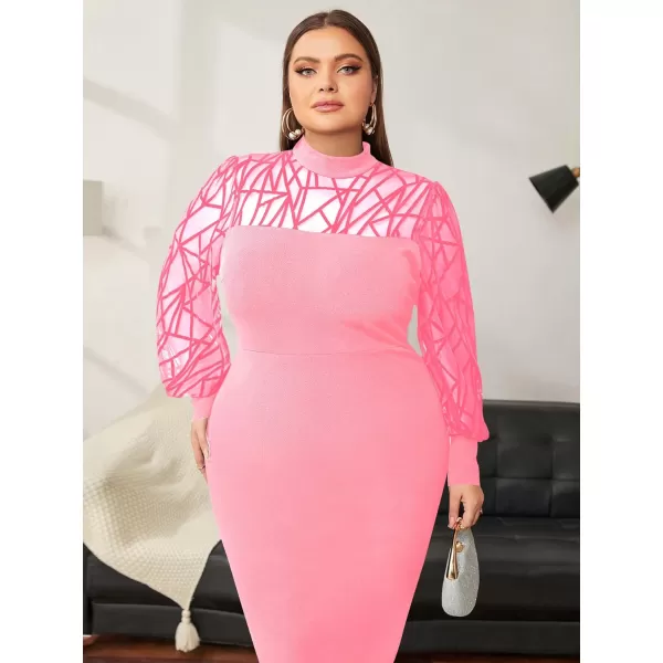 WDIRARA Women's Plus Size Mesh Bishop Long Sleeve Mock Neck Split Back Maxi Dress