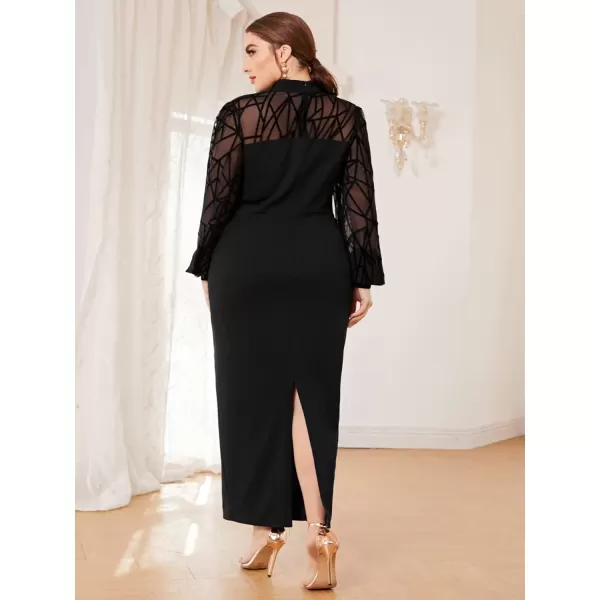 WDIRARA Women's Plus Size Mesh Bishop Long Sleeve Mock Neck Split Back Maxi Dress