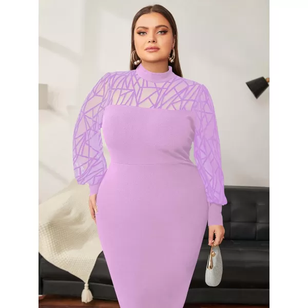 WDIRARA Women's Plus Size Mesh Bishop Long Sleeve Mock Neck Split Back Maxi Dress