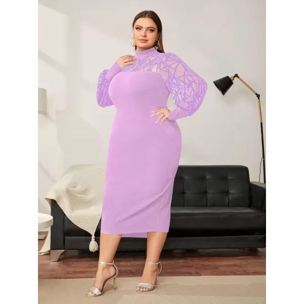 WDIRARA Women's Plus Size Mesh Bishop Long Sleeve Mock Neck Split Back Maxi Dress
