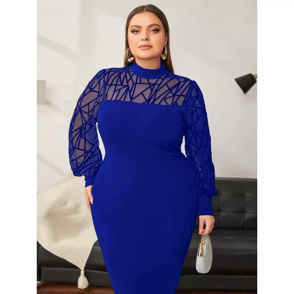WDIRARA Women's Plus Size Mesh Bishop Long Sleeve Mock Neck Split Back Maxi Dress