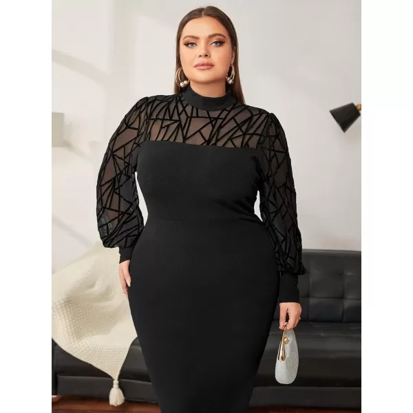 WDIRARA Women's Plus Size Mesh Bishop Long Sleeve Mock Neck Split Back Maxi Dress