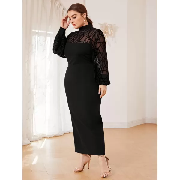 WDIRARA Women's Plus Size Mesh Bishop Long Sleeve Mock Neck Split Back Maxi Dress
