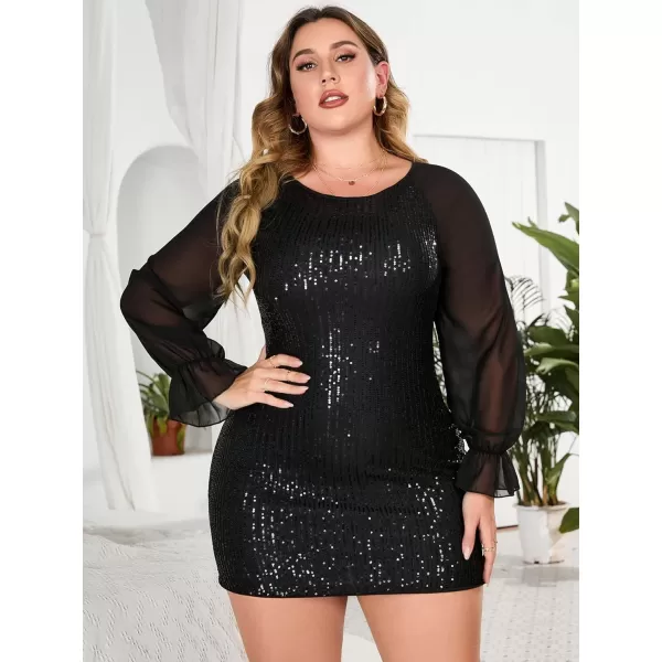 WDIRARA Women's Plus Size Mesh Flounce Long Sleeve Sequins Bodycon Dress