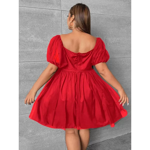 WDIRARA Women's Plus Size Mesh Puff Sleeve Square Neck Ruffle Hem Solid A Line Short Dress