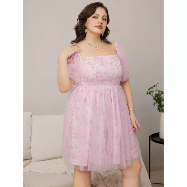 WDIRARA Women's Plus Size Mesh Puff Sleeve Square Neck Ruffle Hem Solid A Line Short Dress