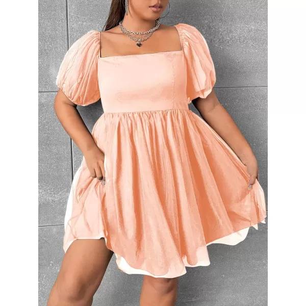 WDIRARA Women's Plus Size Mesh Puff Sleeve Square Neck Ruffle Hem Solid A Line Short Dress