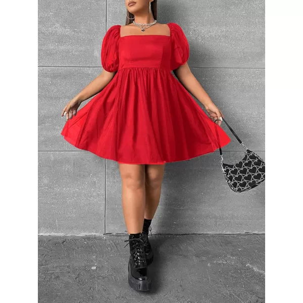 WDIRARA Women's Plus Size Mesh Puff Sleeve Square Neck Ruffle Hem Solid A Line Short Dress